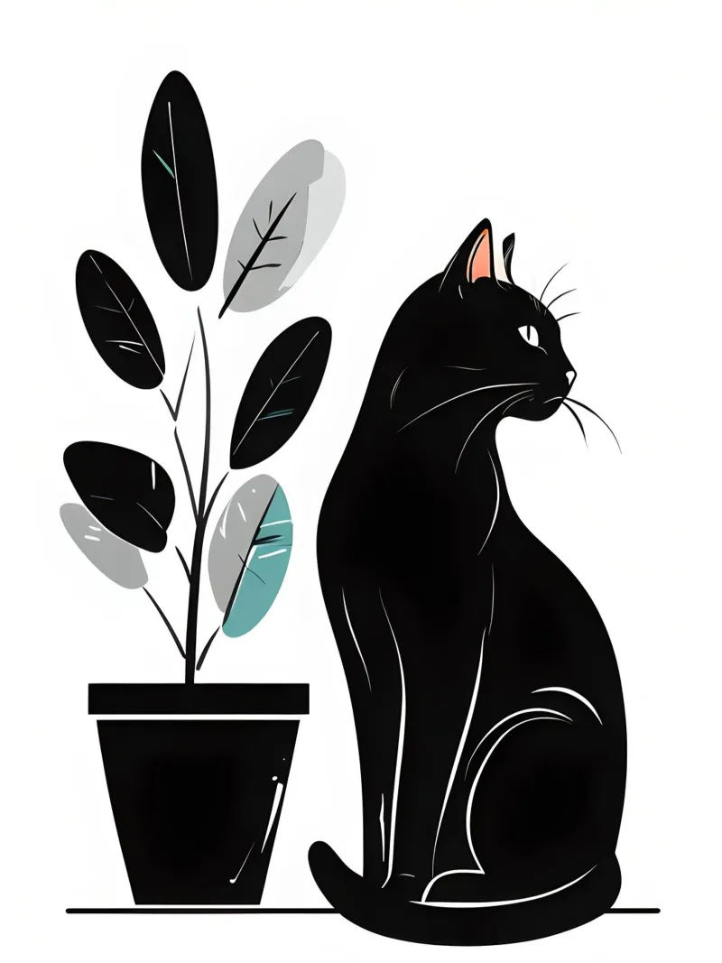 Zwarte kat en plantenillustratie poster met houten frame van 🥝 KIWI STORE