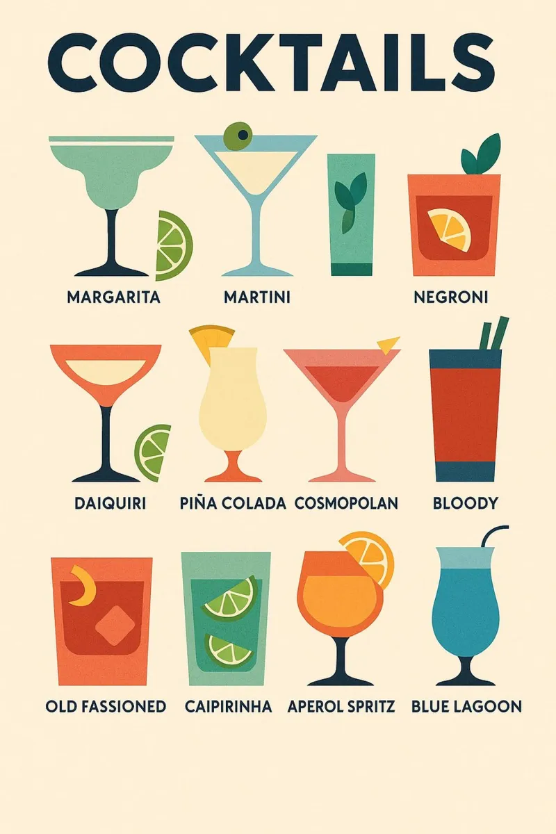 COCKTAILS - Il manifesto di design che mescola tutti i classici pannello forex da Boissons - Affiches & posters - Retro