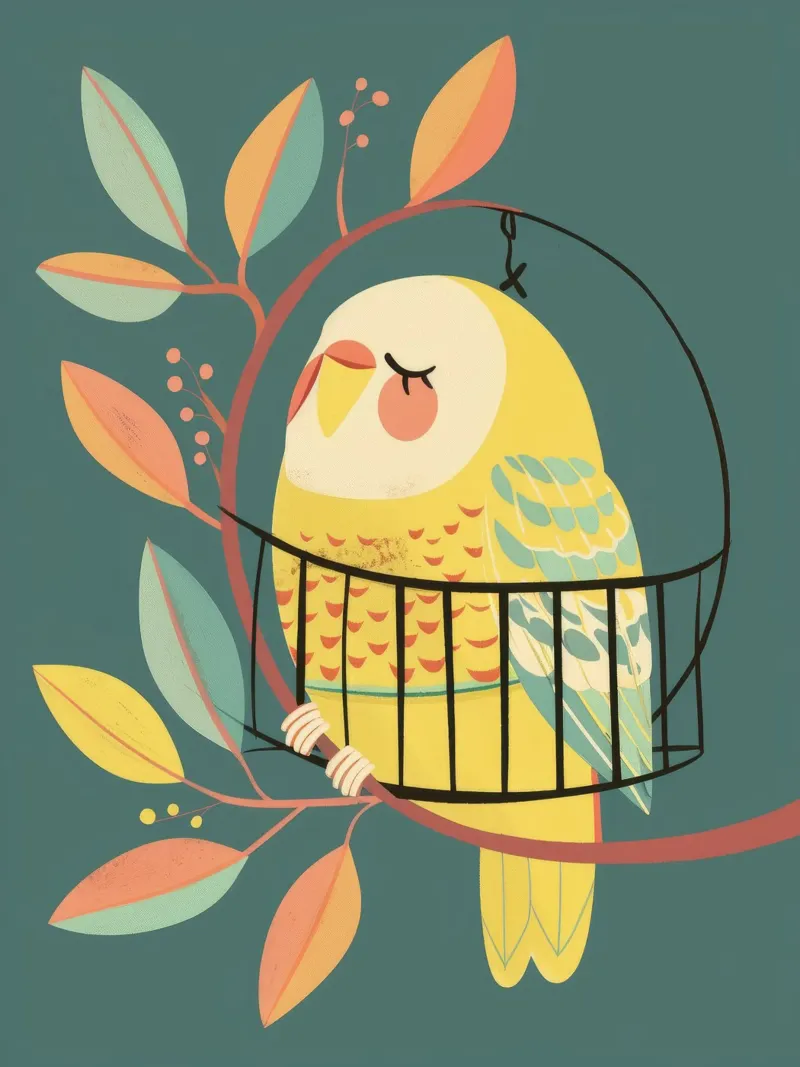 The Playful Budgie: A Moment of Serenity in the Trees canvas by DesignDoodle