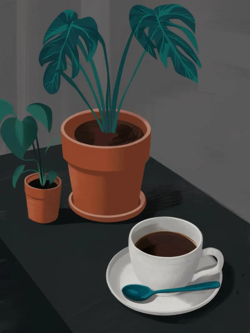 Caffè e Monstera poster con telaio in plastica da FadeAura