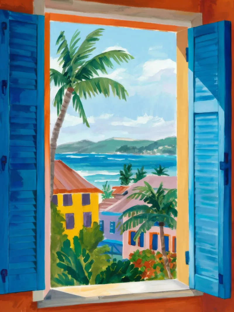 Blaue Jalousie Seaview Poster mit Kunststoffrahmen von FadeAura