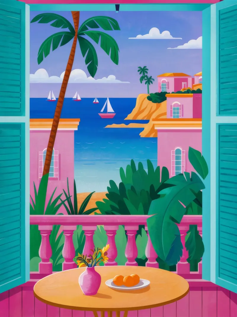 Palme da balcone rosa poster con telaio in plastica da FadeAura
