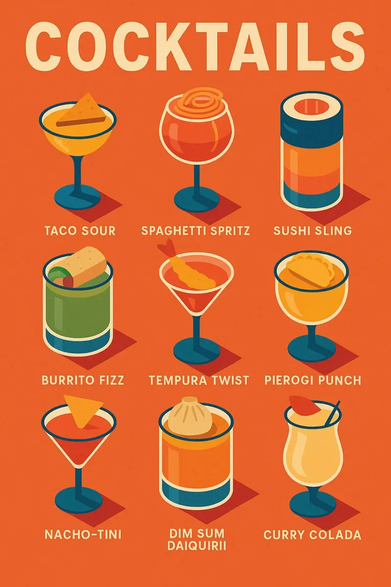 COCKTAILS – L’affiche qui mixe tacos, dim sum et téquila poster avec cadre en aluminium de Boissons - Affiches & posters - Retro