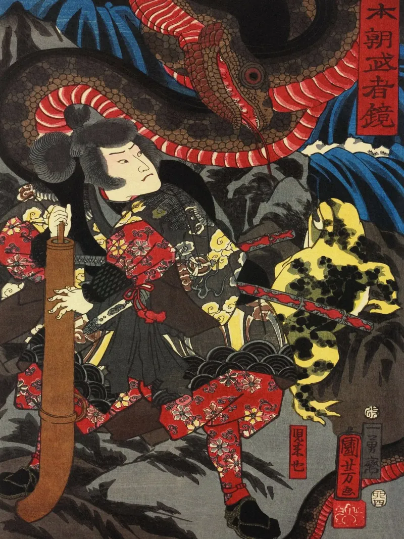 Serpent attaquant un guerrier samouraï - Ukiyo-e japonais ancien hahnemühle de Masterpieces Of Japanese Art