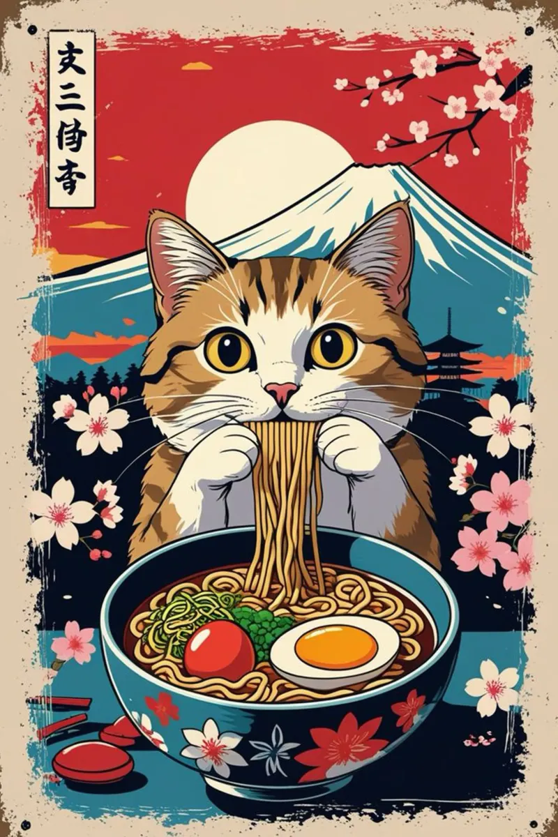 I gatti amano il ramen poster con telaio in legno da cosmos studio