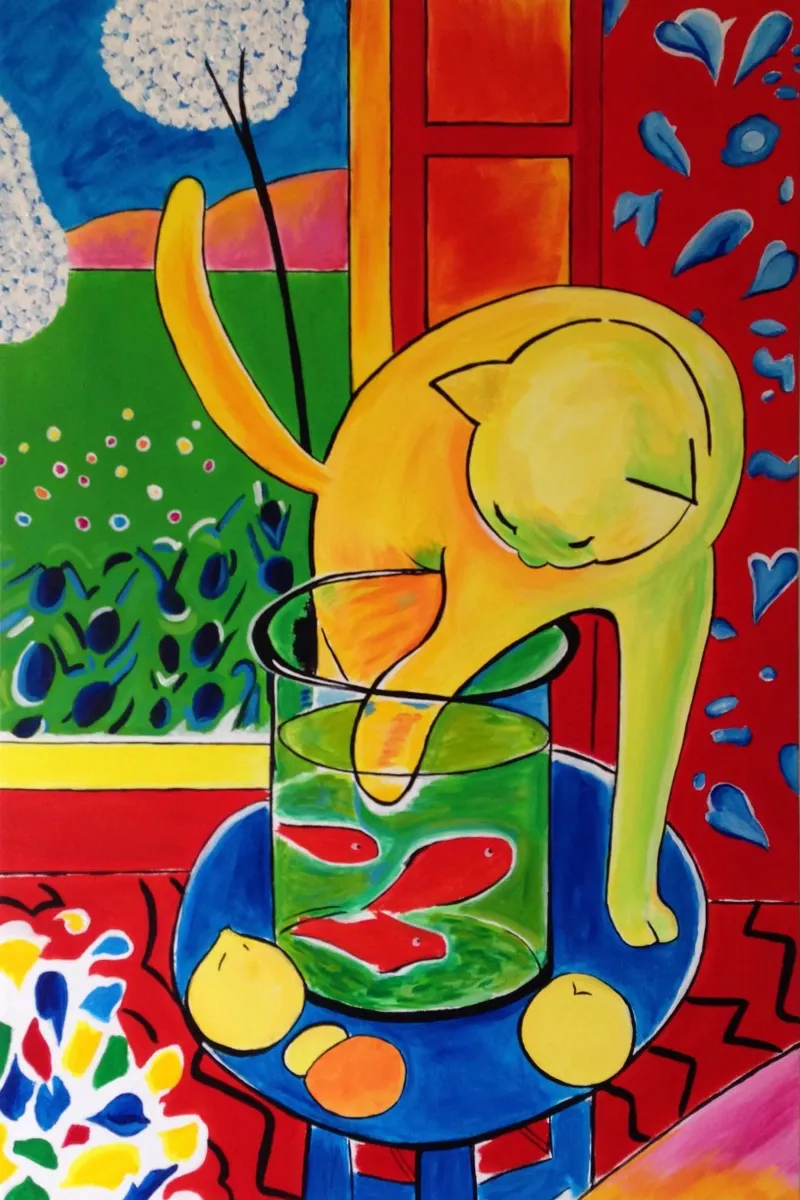un chat mangeant du poisson dans un bocal hahnemühle de sazkia art