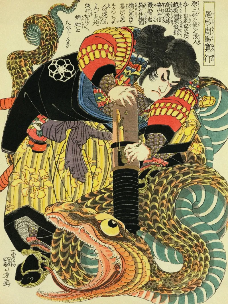 Samouraï combattant un serpent géant - Ukiyo-e japonais d'époque hahnemühle de Masterpieces Of Japanese Art