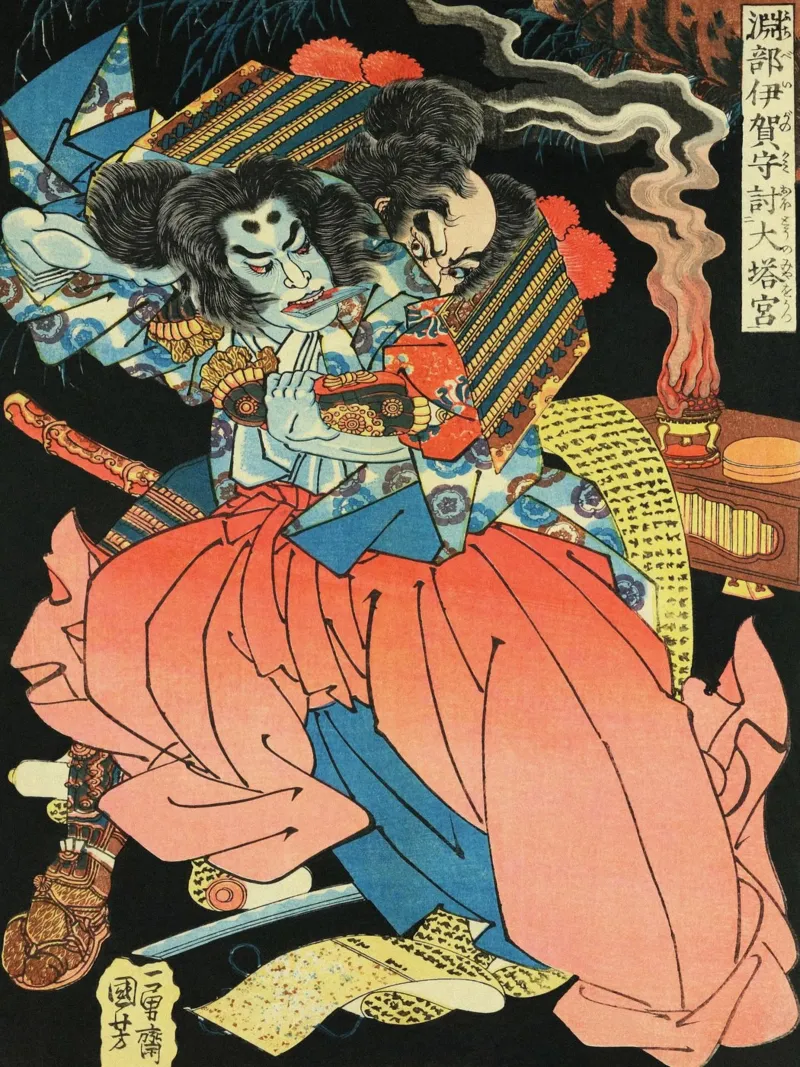 Démon se battant avec un samouraï - Ancien art japonais Ukiyo-e hahnemühle de Masterpieces Of Japanese Art
