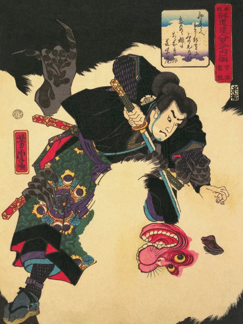 Samurai derrotando al demonio blanco - Ukiyo-e japonés antiguo hahnemühle de Masterpieces Of Japanese Art
