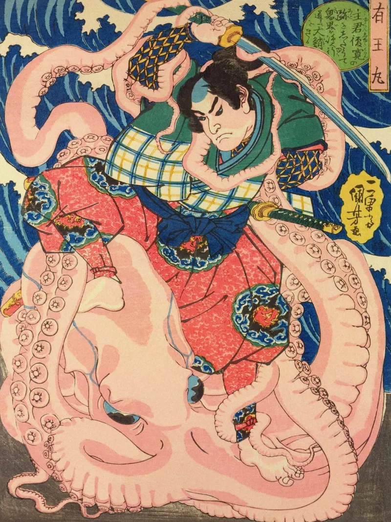 Samurai che combatte contro una piovra gigante - Ukiyo-e giapponese d'epoca pellicola backlit da Masterpieces Of Japanese Art