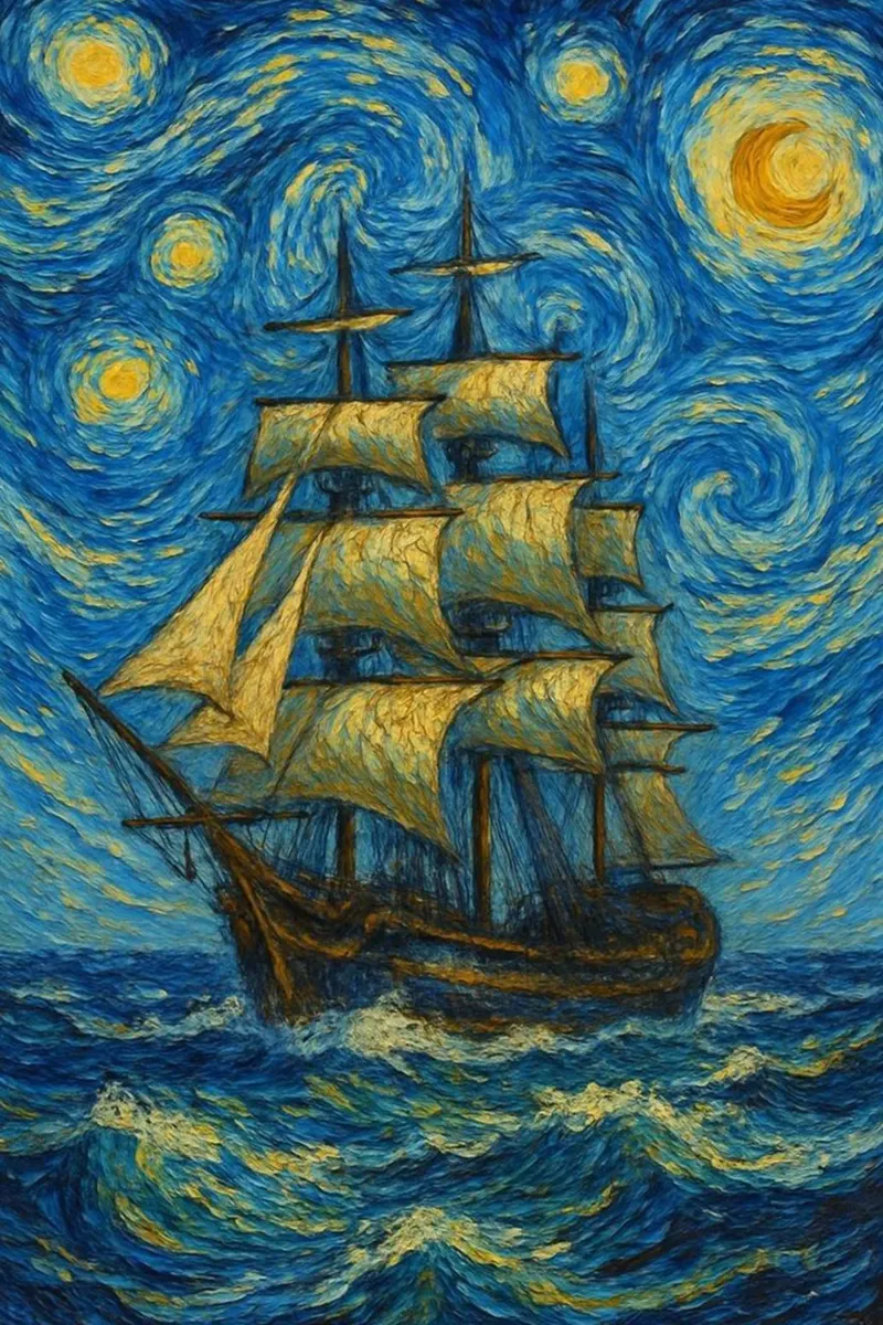 nave che naviga in una notte stellata pellicola backlit da Piper Shop Oke