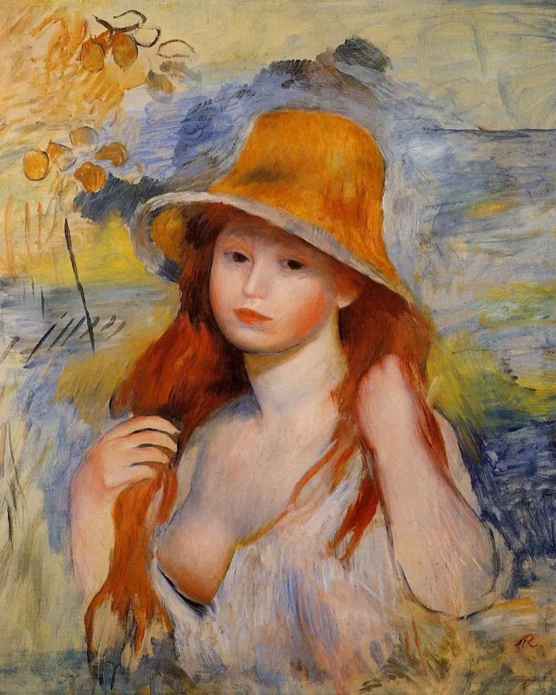 Jonge vrouw met strohoed - Pierre Auguste Renoir canvas met Baklijst van masonday