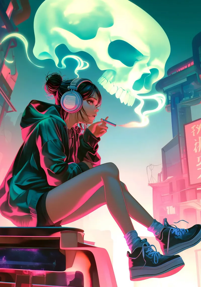 Cyberpunk Anime ragazza che fuma la sigaretta pellicola backlit da Fleur de Lys