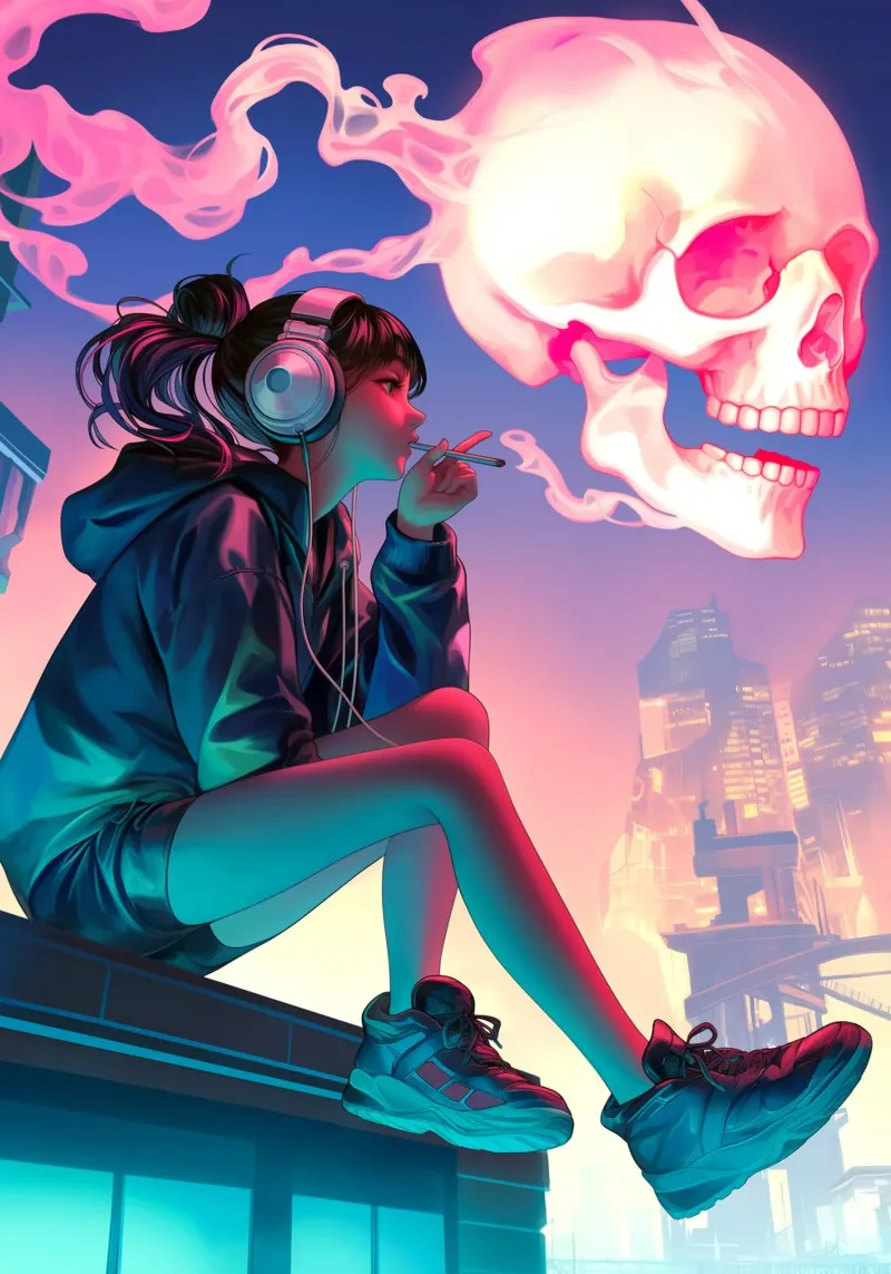 Cyberpunk Anime ragazza che fuma la sigaretta tela con Cornice a cassetta da Fleur de Lys