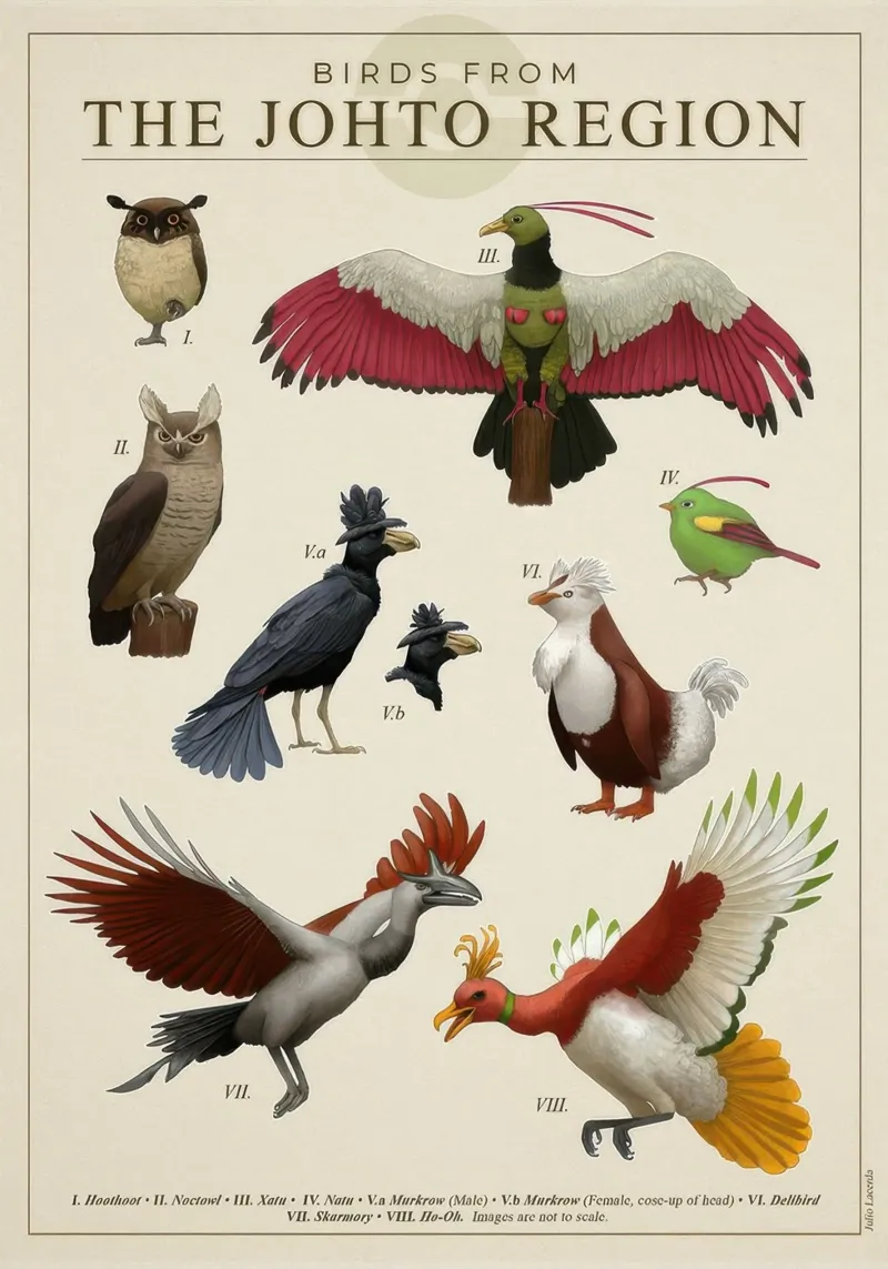 Poster degli uccelli della regione di Johto tela con Cornice a cassetta da Lacerdaprint