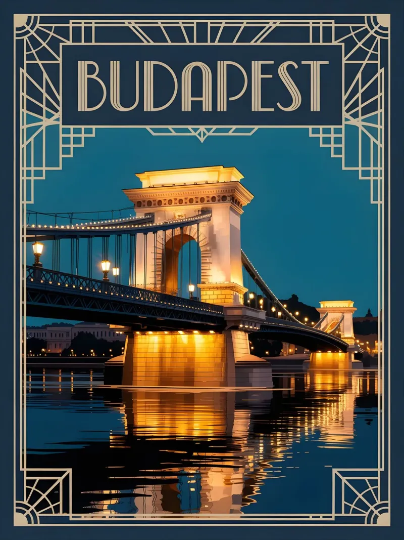 Ponte delle catene vintage di Budapest poster con telaio in legno da Vintage Travel Art