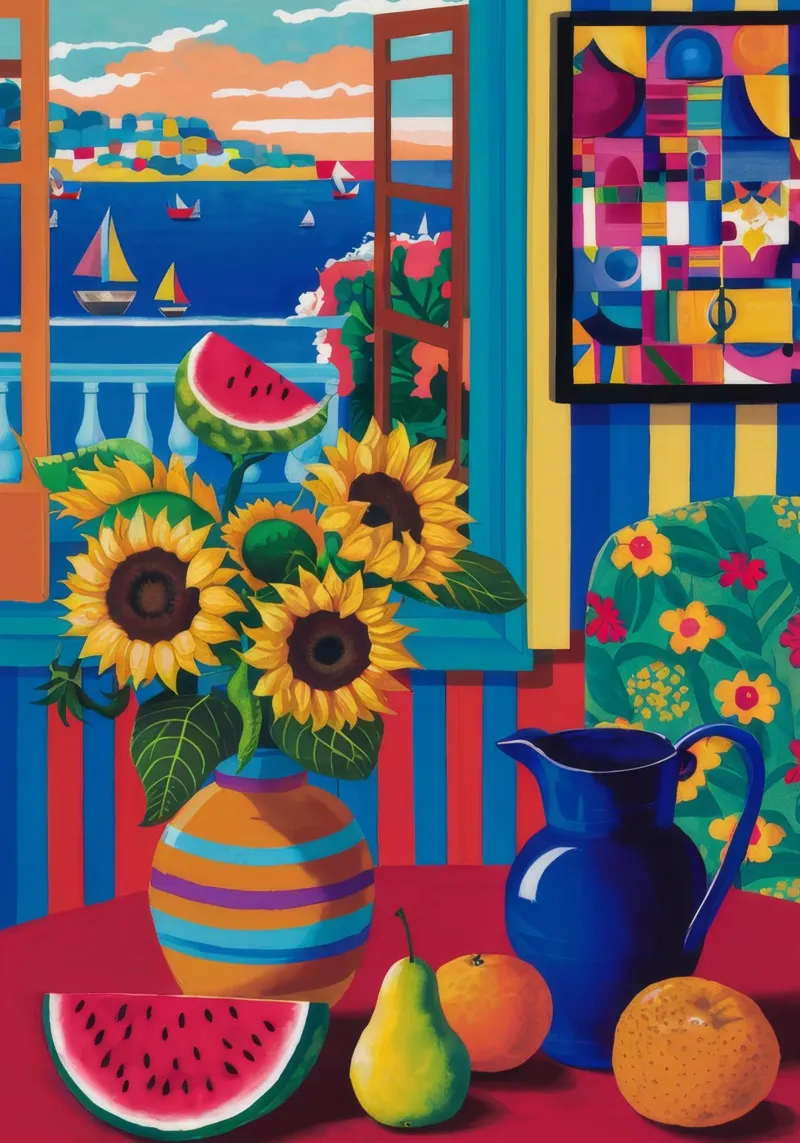 Zonnebloemsymfonie aan zee canvas met Baklijst van Tiga Bersama