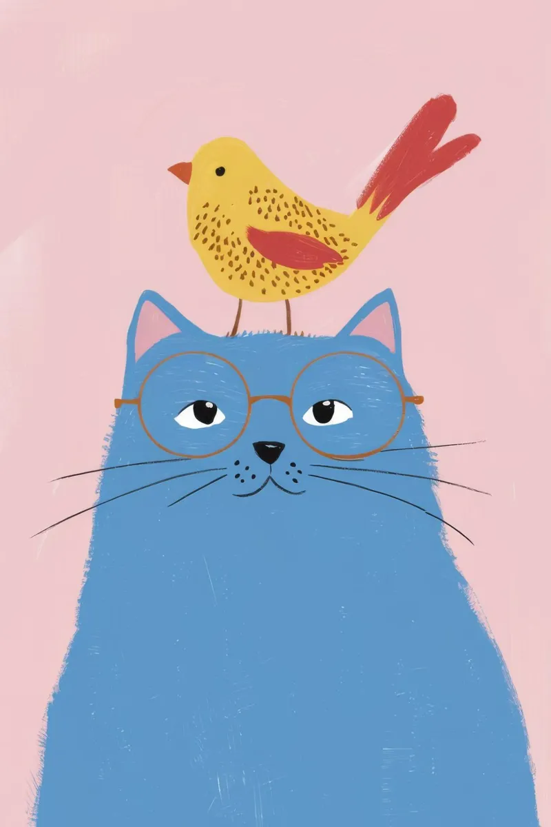 Chat bleu Oiseau jaune hahnemühle de Muse Artworks