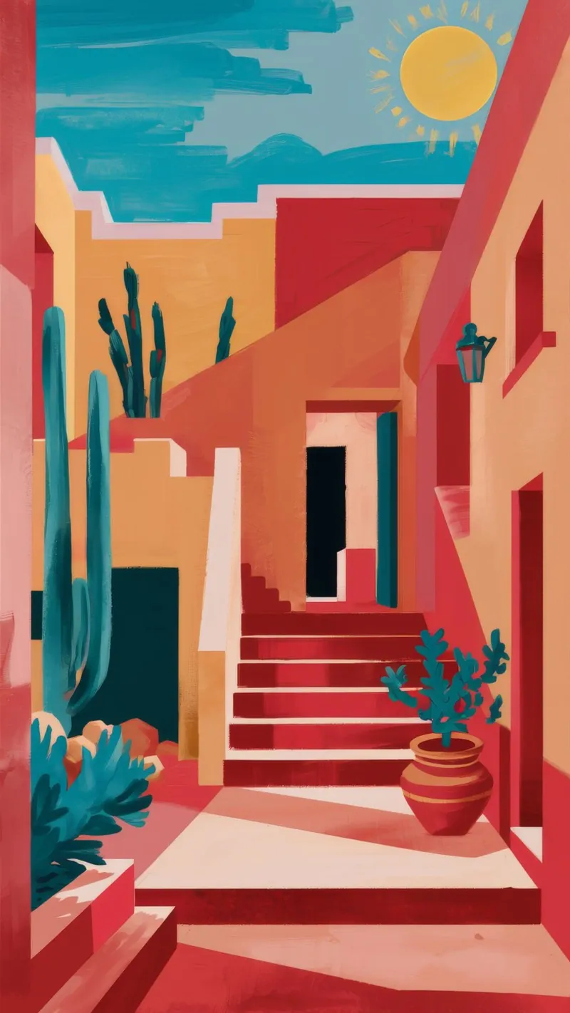 Pink Building Palm Trees canvas with Floater frame by FadeAura