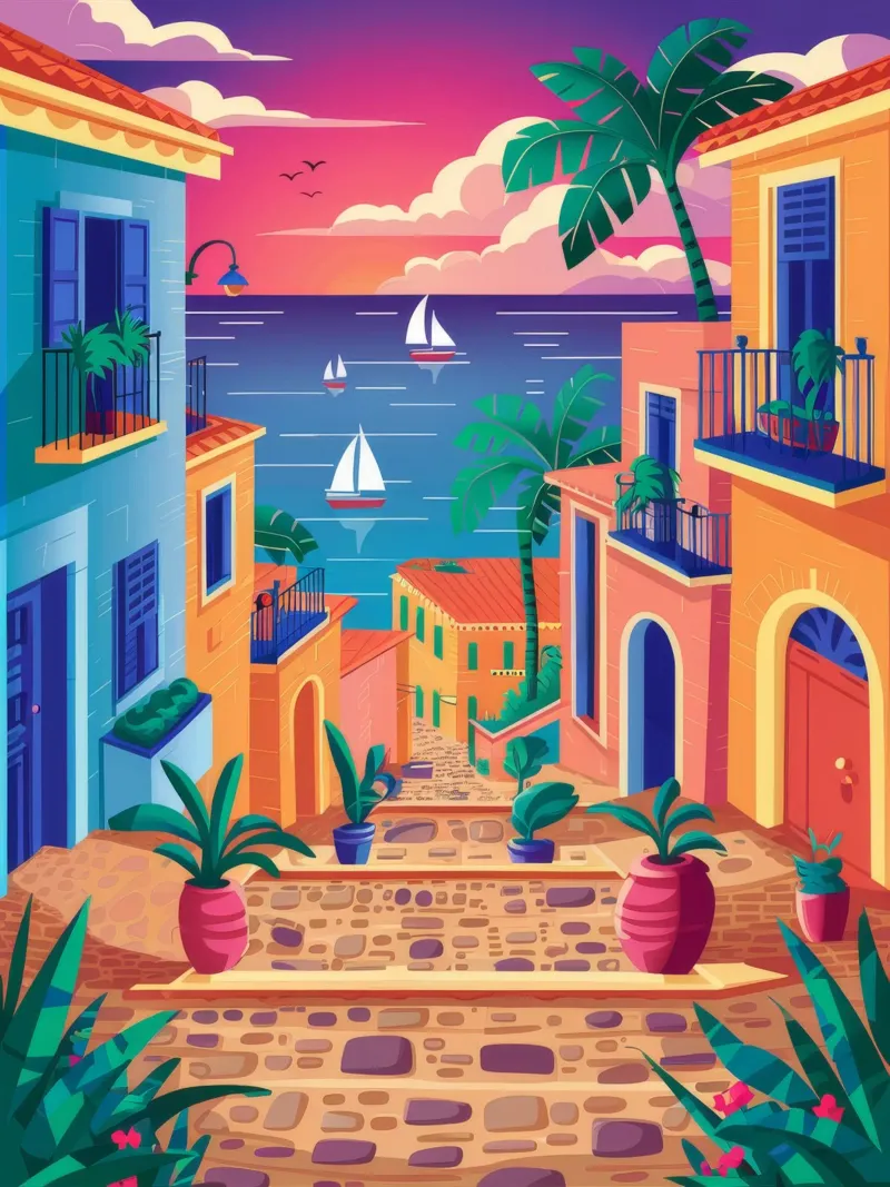 Vista del tramonto in barca a vela poster con telaio in alluminio da FadeAura