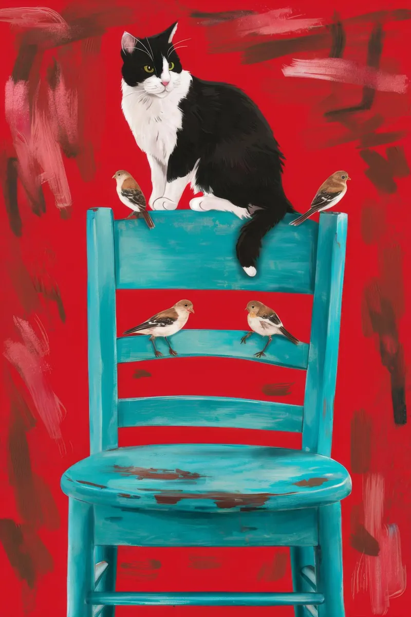 Sedia rossa Gatto smoking poster con telaio in legno da FadeAura
