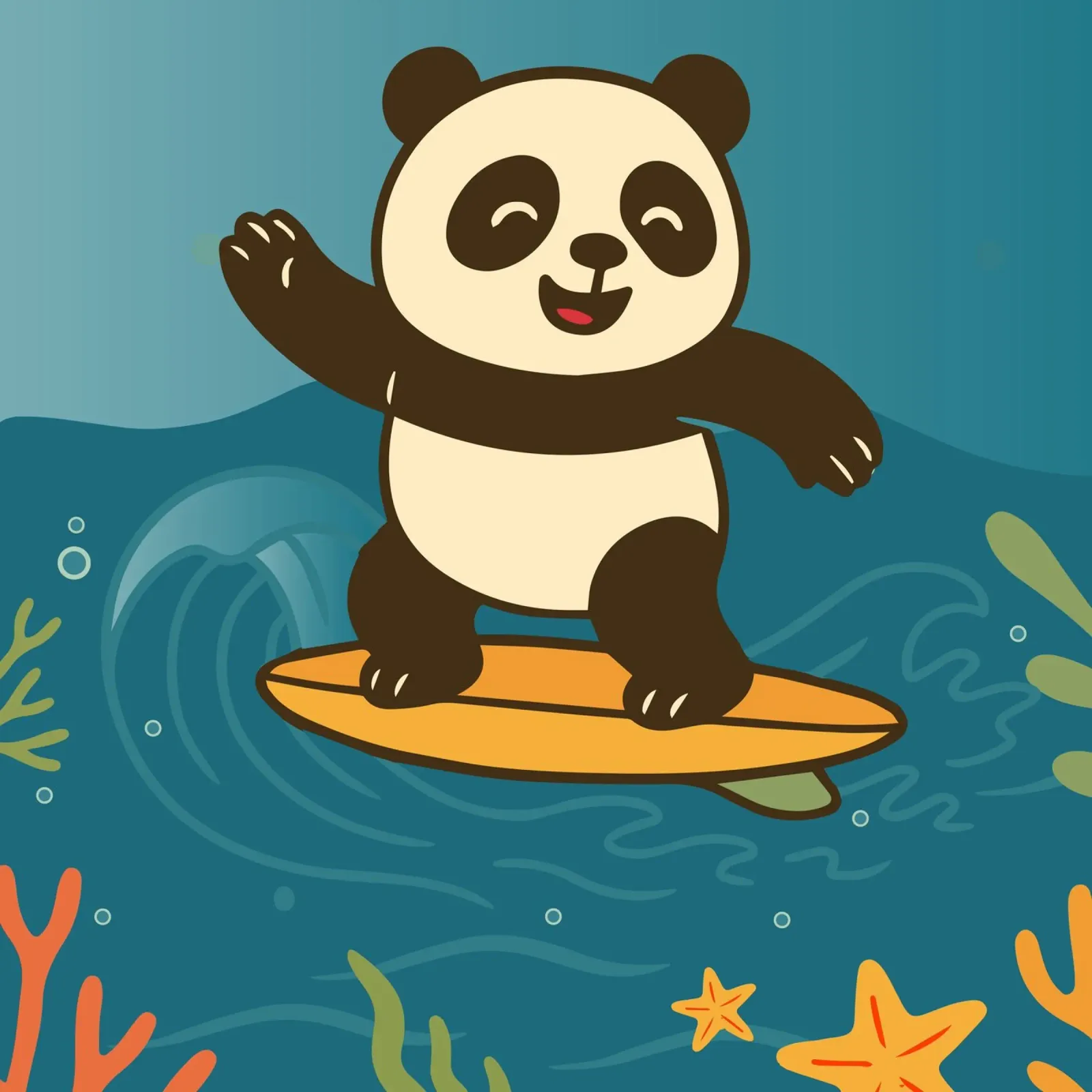 Felice panda che fa surf - illustrazione estiva alluminio dibond da namosh