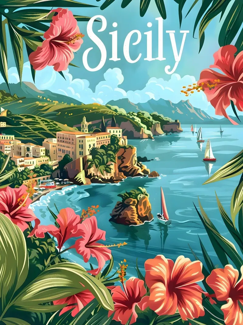 Sicilië vintage reisposter canvas met Baklijst van Vintage Travel Art