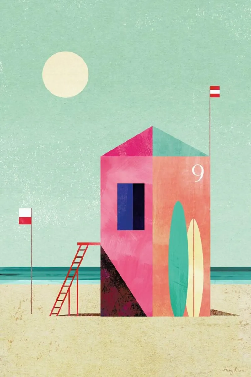 Surf Hut poster con telaio in alluminio da Henry Rivers