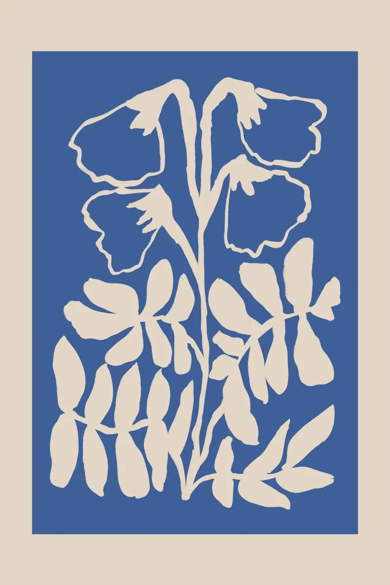 Sagome floreali astratte beige su blu alluminio dibond da Melloi Art Print