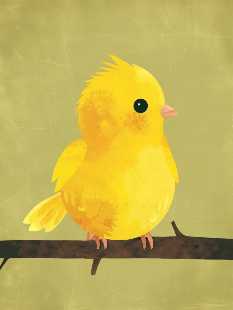 Un titolo calmo e morbido per l'illustrazione minimalista del canarino plexiglass da DesignDoodle