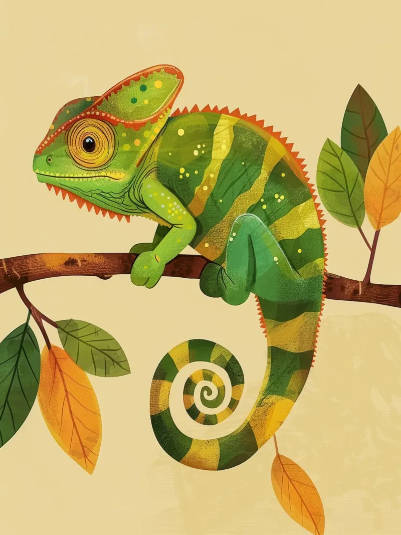 chameleon perched on a branch, with bright greens and yellow canvas by DesignDoodle