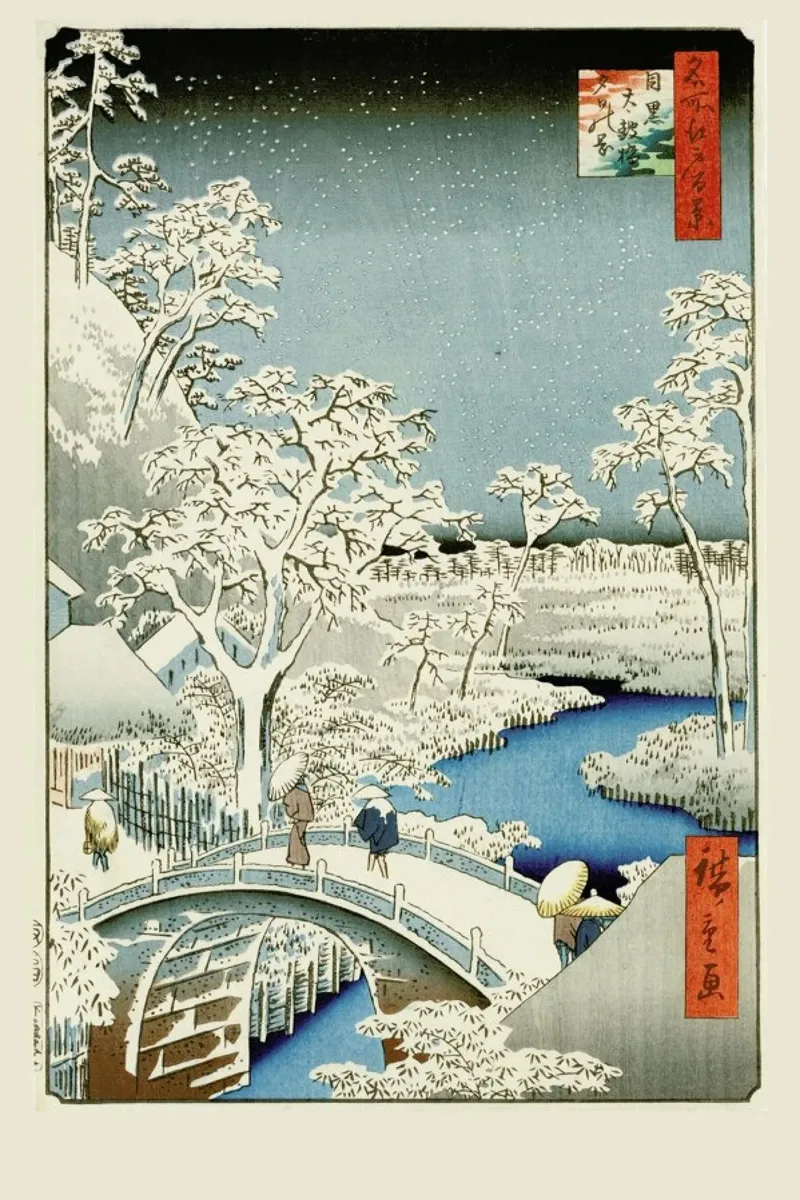 Horoshige - The Taiko (Drum) Bridge and the Yuhi Mound at Meguro poster con telaio in alluminio da ARTOTHEK