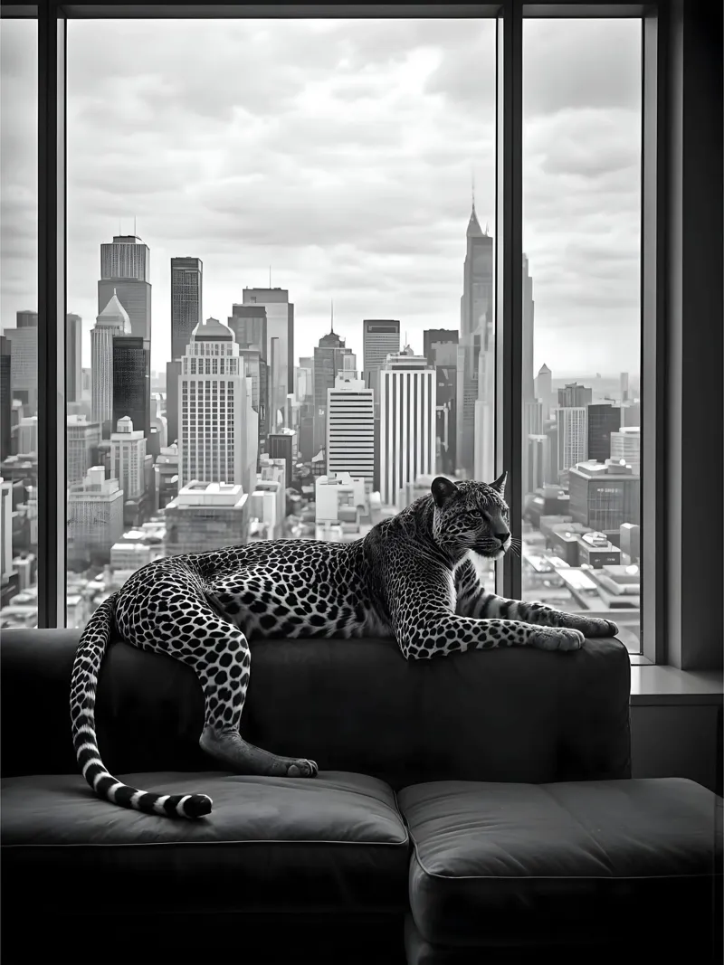 Leopard Relaxing on Sofa in NYC Luxury Apartment Scene poster da heaventrain