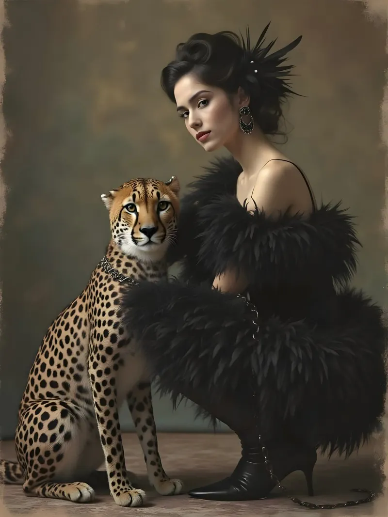 Vintage Style Portrait of Woman and Her Pet Leopard plexiglas de heaventrain