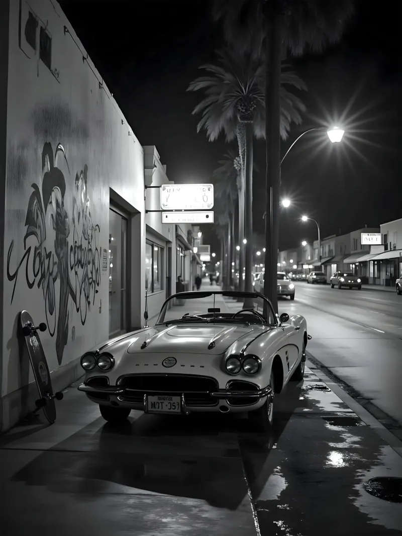 Sunset Drive with Vintage Car in Southern California poster con telaio in alluminio da heaventrain