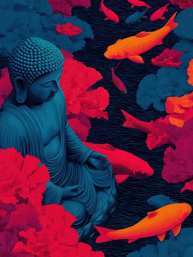 Buddha vicino allo stagno di koi | Pop art spirituale poster da Autofocus