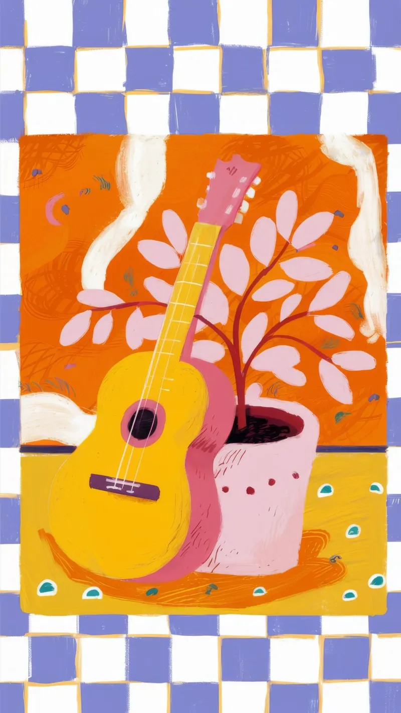 Collage a scacchi arancioni poster con telaio in plastica da Pan Denim