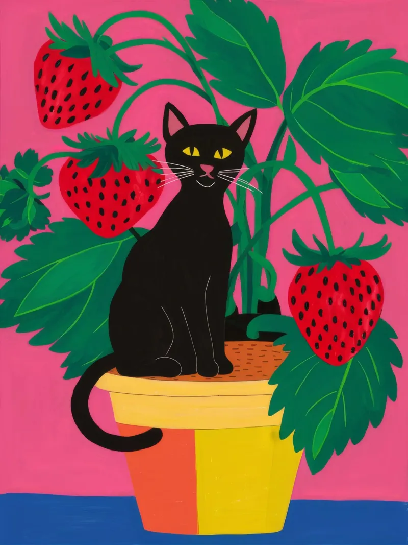 Vaso per gatti alla fragola poster con telaio in legno da Stone Decade