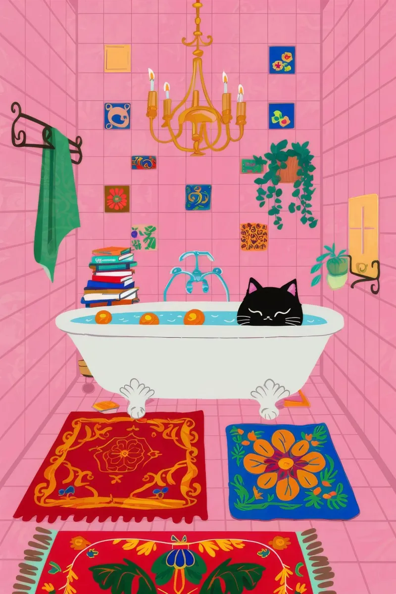 Gatto da bagno in piastrelle rosa pellicola backlit da Stone Decade