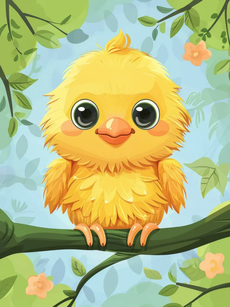 mignon poussin vibrant avec de grands yeux, perché sur une branche feuillue hahnemühle de DesignDoodle