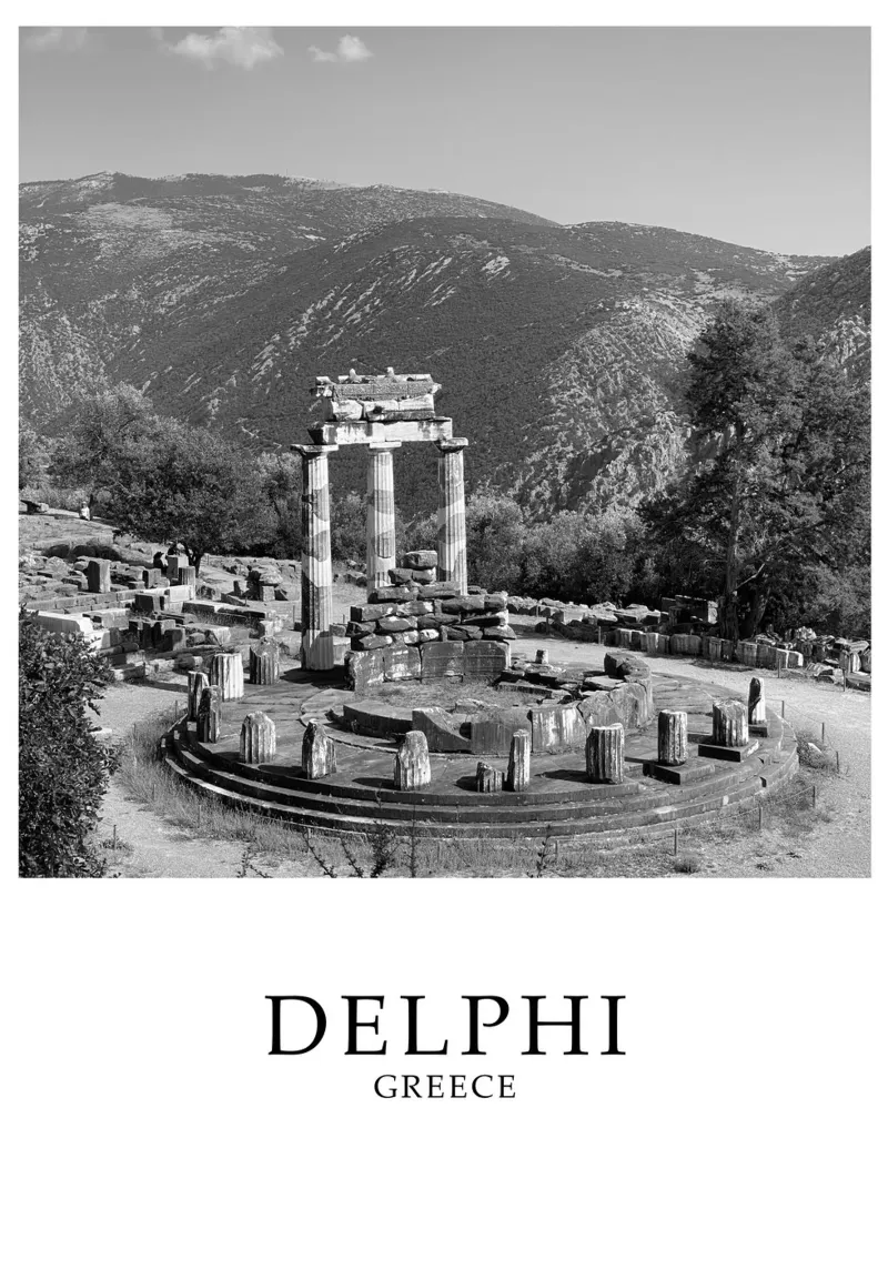 Delfi Grecia Architettura Scena in scala di grigi pellicola backlit da Charnwood Prints