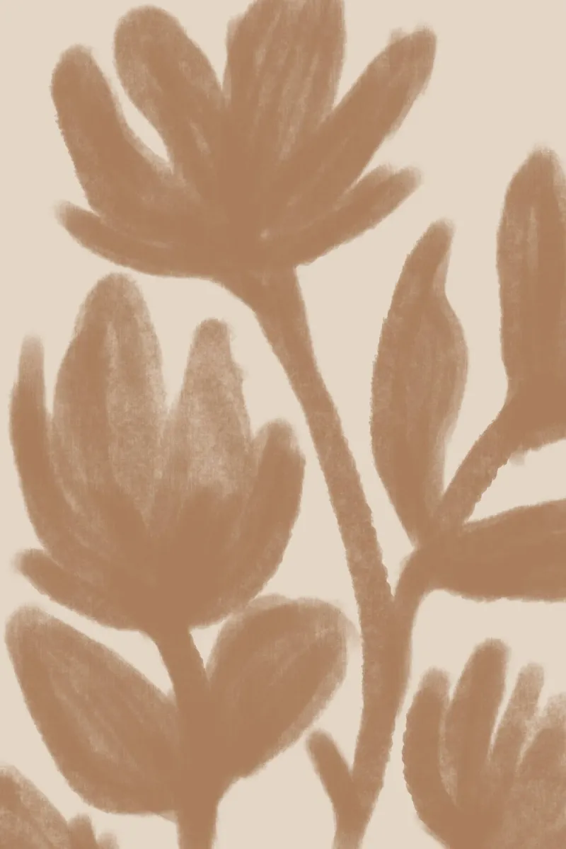 Sagome astratte di fiori marroni su beige poster con telaio in legno da Melloi Art Print