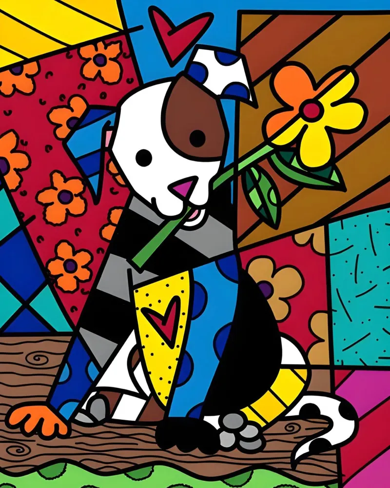 R Britto - Dog and flower poster con telaio in legno da Algoritm