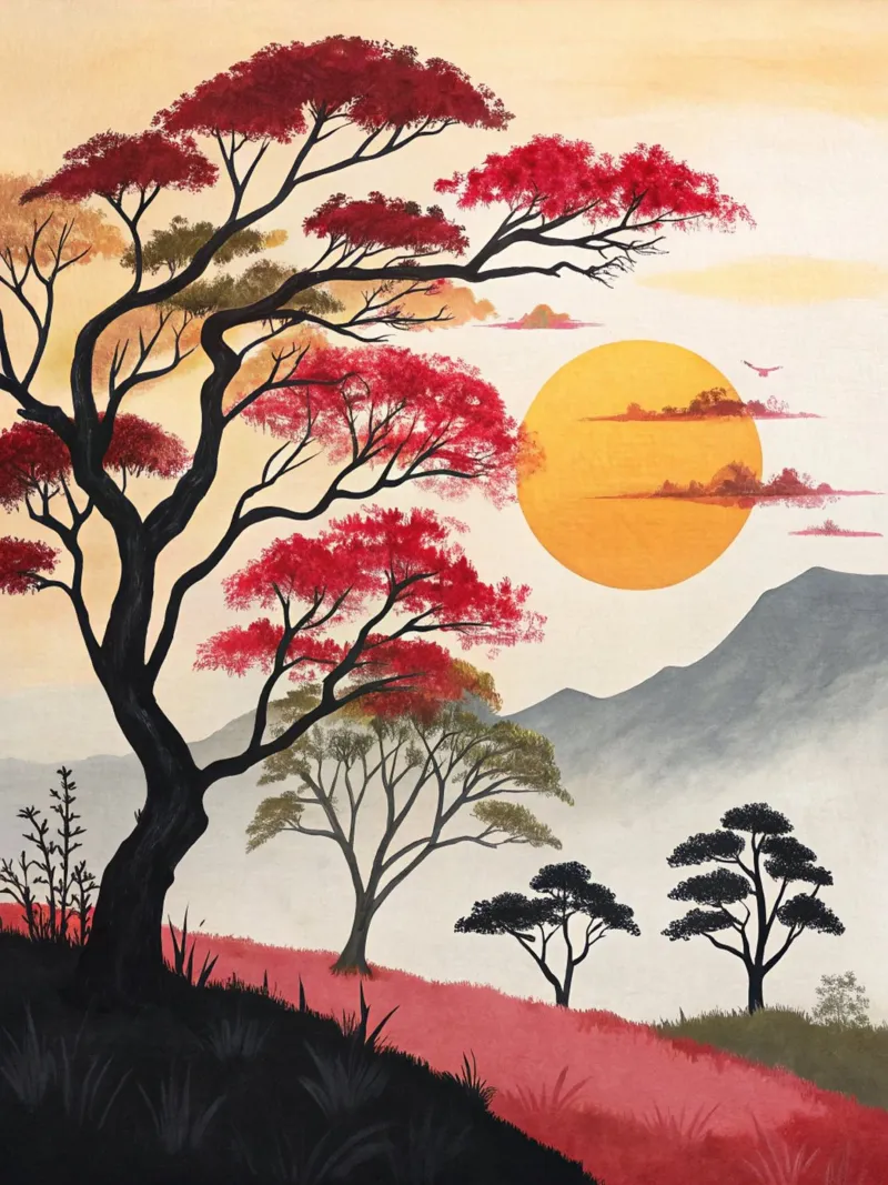 Majestueuze zonsondergang over karmijnrode savanne canvas met Baklijst van Artistic-shop