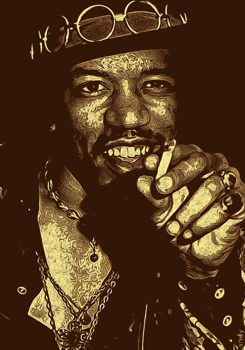Il cantante americano degli anni '70 Jimi Hendrix poster da singpentinksale