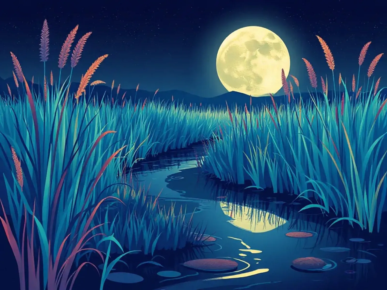 Un río susurrante entre juncos bajo una dorada luna llena metacrilato de Artistic-shop
