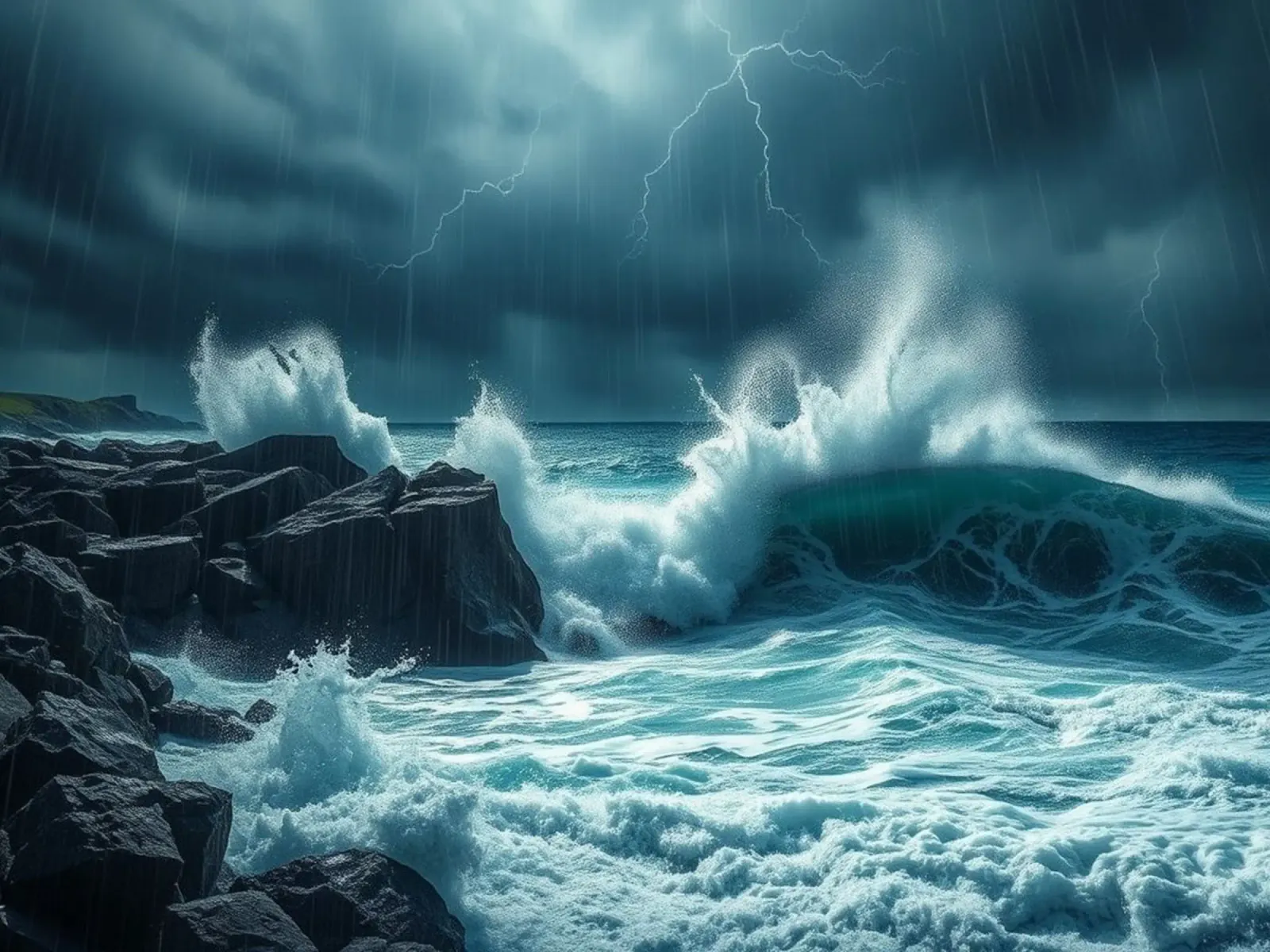 Onde oceaniche drammatiche che si infrangono contro la costa rocciosa poster con telaio in plastica da Artistic-shop