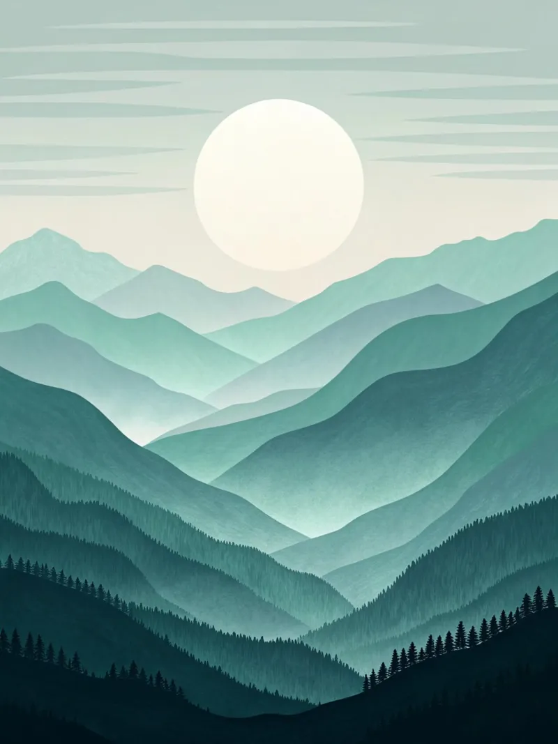 Een rustig uitzicht: Lagen van groenblauw en groene bergen poster met houten frame van Artistic-shop