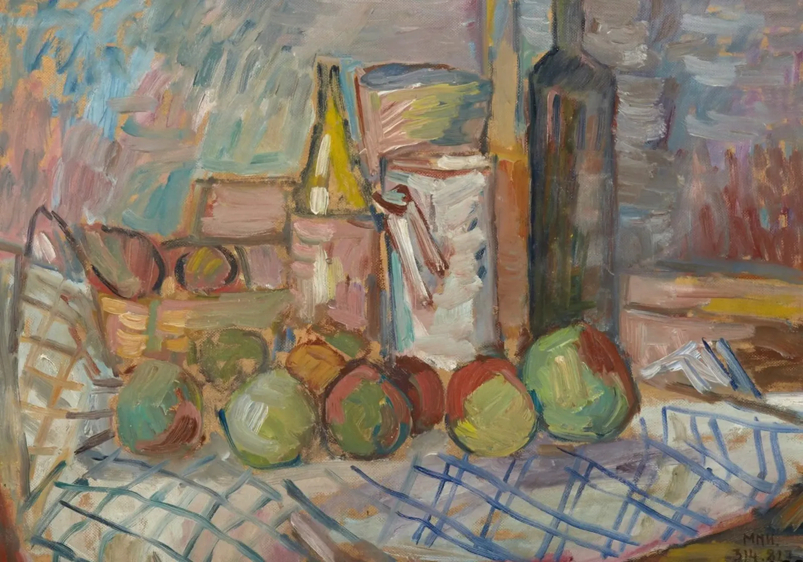 Pittura impressionista di natura morta - Frutta e bottiglie Art. pellicola backlit da ClubArt