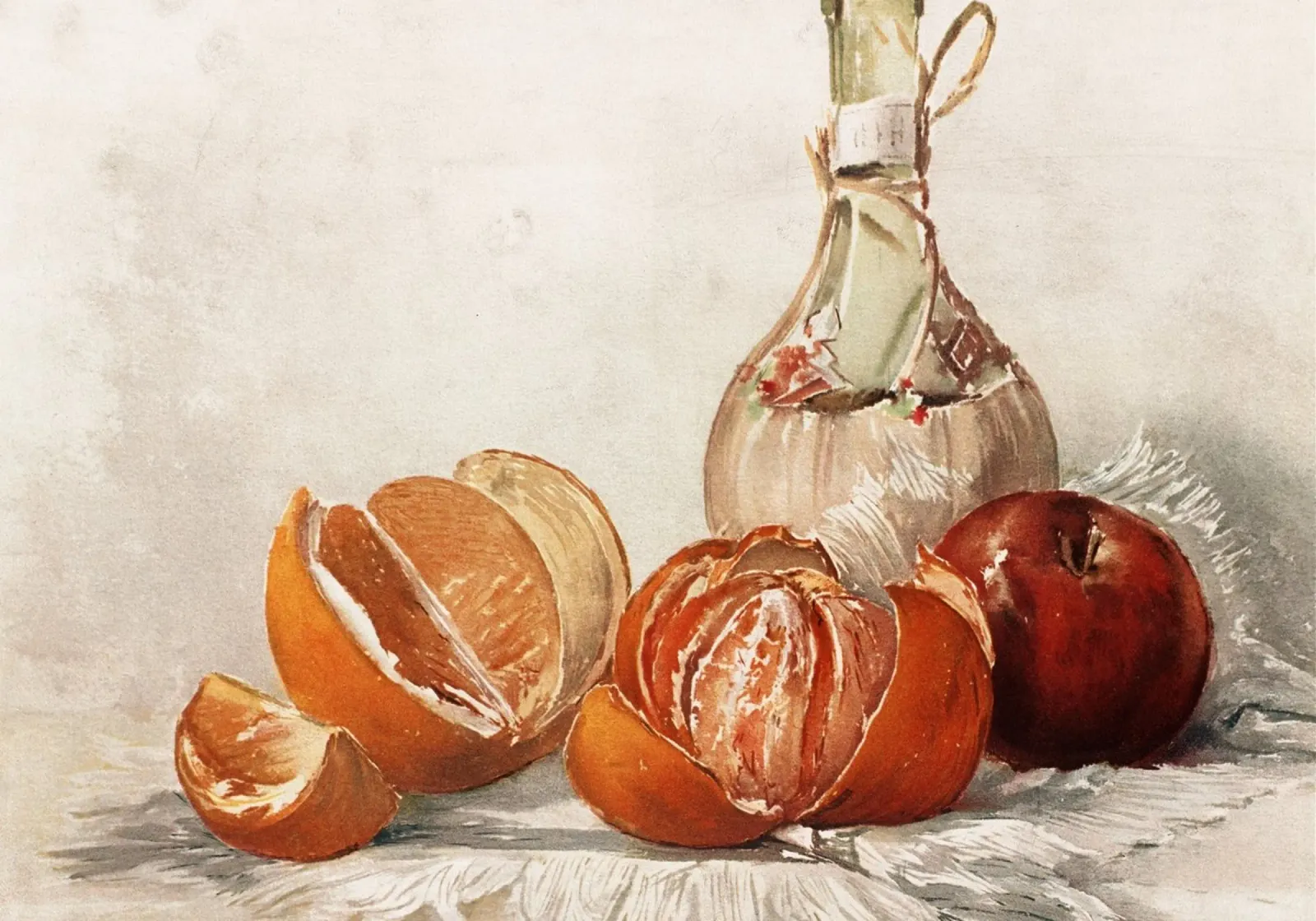 Natura morta ad acquerello - Pittura di arance, mele e bottiglie poster da ClubArt
